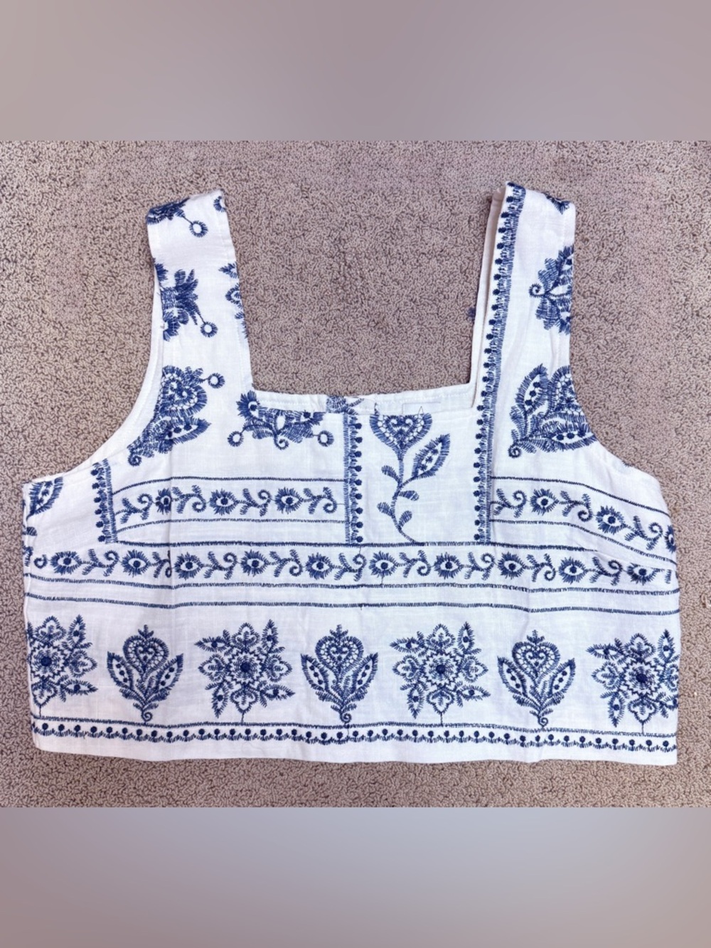 NWT Joie White Crop Top with Blue Embroidered Floral Motif